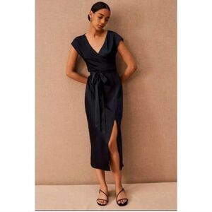 Anthropologie BHLDN Louisa Satin Charmeuse Black Front Tie Midi Dress Size 4